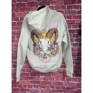 Gunzinii Denim & Co Beige Ram Skull Graphic Full Zip Hoodie Mens Streetwear